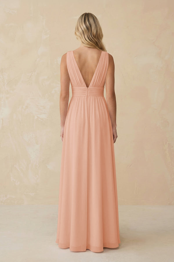 V - Neck A - Line Chiffon Ruched Bridesmaid Dress in English Rose - KissProm Bridesmaid Dresses