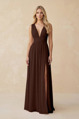 V - Neck A - Line Chiffon Ruched Bridesmaid Dress in Espresso - KissProm Bridesmaid Dresses