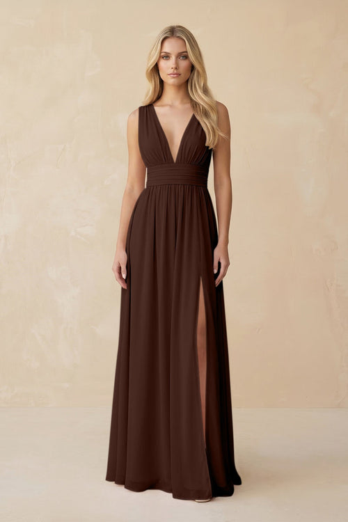 V - Neck A - Line Chiffon Ruched Bridesmaid Dress in Espresso - KissProm Bridesmaid Dresses