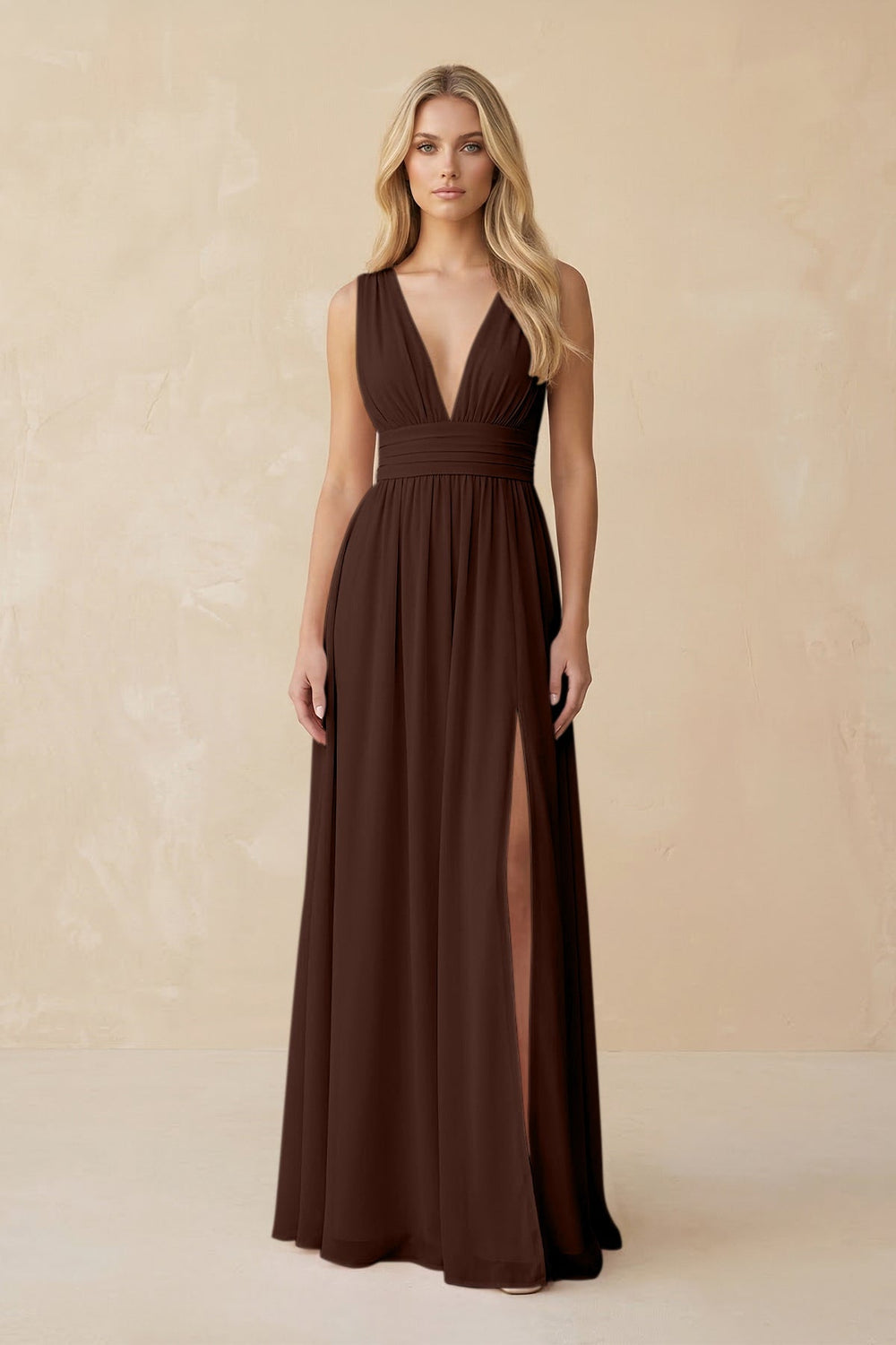V - Neck A - Line Chiffon Ruched Bridesmaid Dress in Espresso - KissProm Bridesmaid Dresses