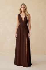V - Neck A - Line Chiffon Ruched Bridesmaid Dress in Espresso - KissProm Bridesmaid Dresses