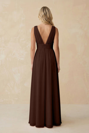 V - Neck A - Line Chiffon Ruched Bridesmaid Dress in Espresso - KissProm Bridesmaid Dresses