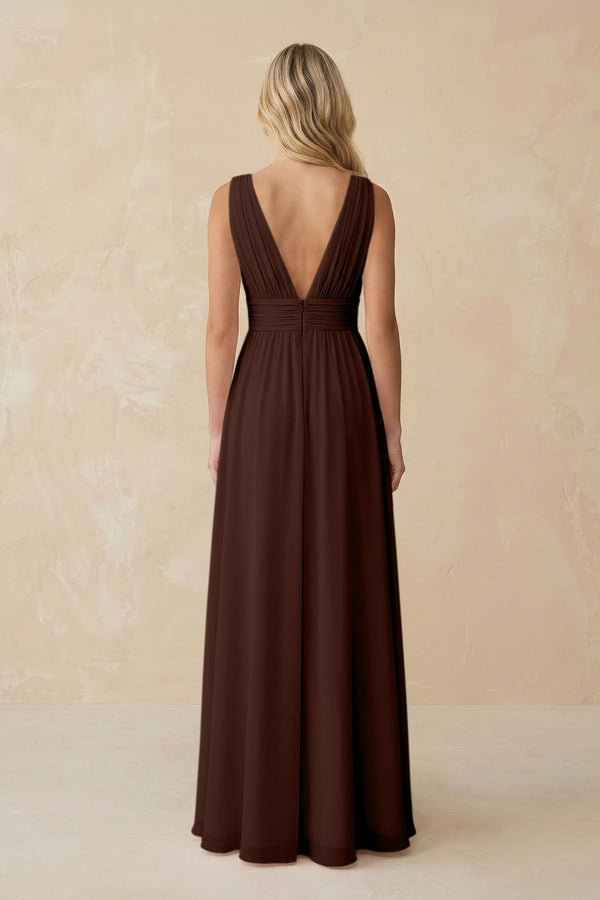 V - Neck A - Line Chiffon Ruched Bridesmaid Dress in Espresso - KissProm Bridesmaid Dresses