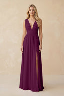 V - Neck A - Line Chiffon Ruched Bridesmaid Dress in Fig - KissProm Bridesmaid Dresses