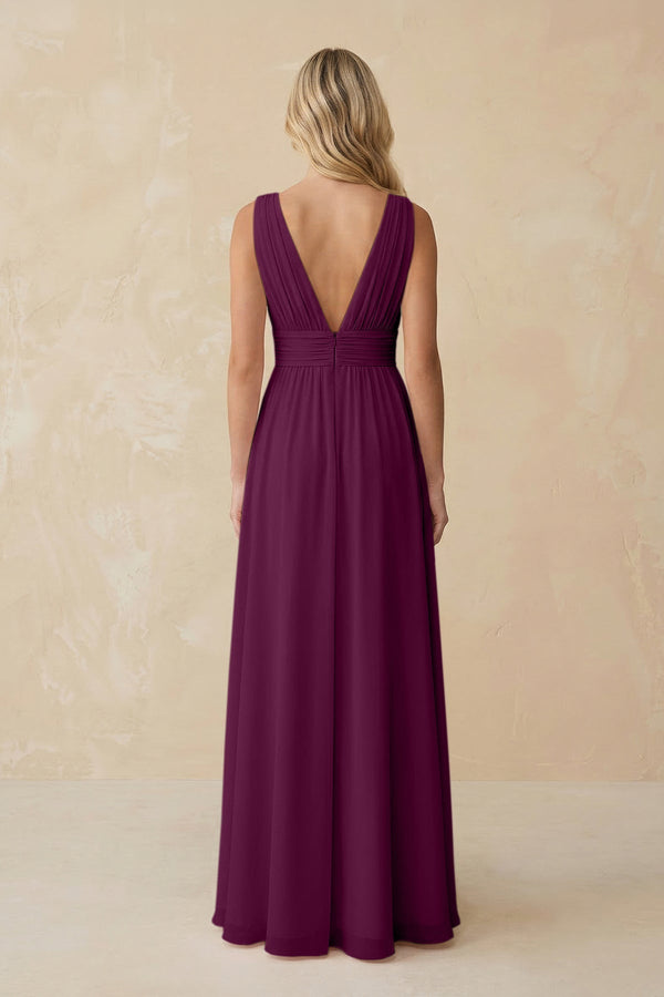 V - Neck A - Line Chiffon Ruched Bridesmaid Dress in Fig - KissProm Bridesmaid Dresses