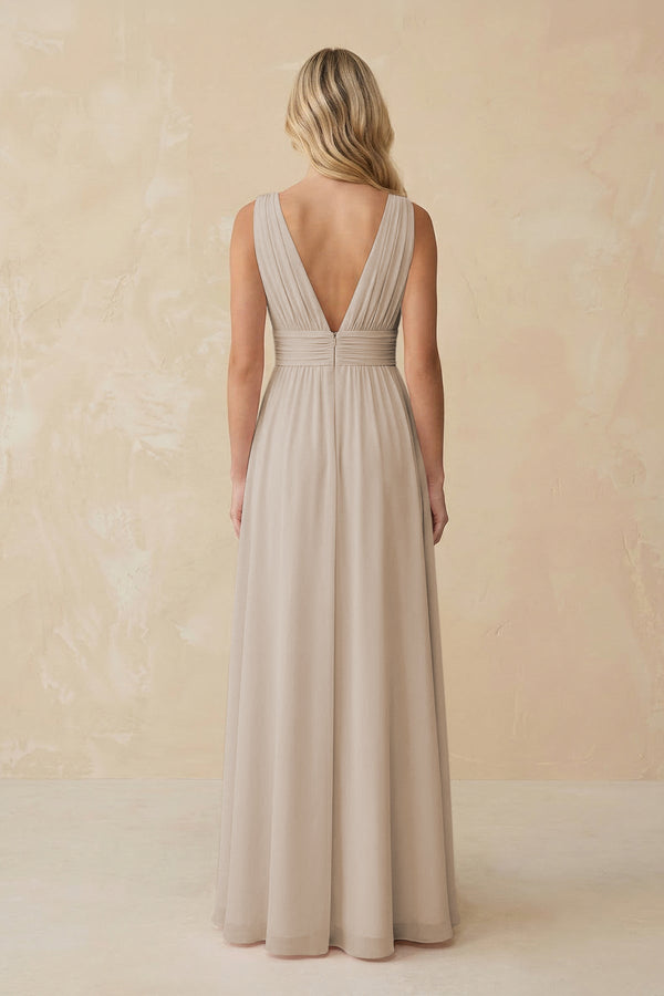 V - Neck A - Line Chiffon Ruched Bridesmaid Dress in Frost - KissProm Bridesmaid Dresses