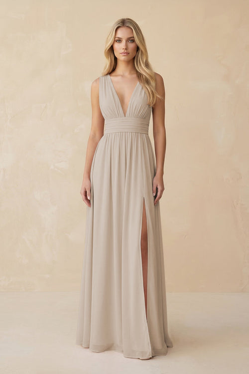 V - Neck A - Line Chiffon Ruched Bridesmaid Dress in Frost - KissProm Bridesmaid Dresses