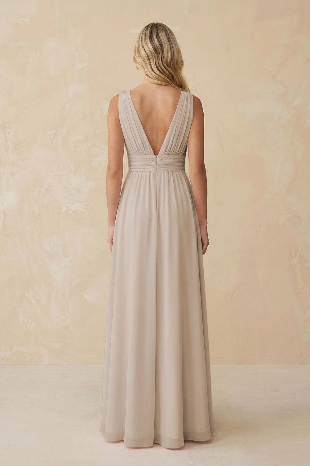 V - Neck A - Line Chiffon Ruched Bridesmaid Dress in Frost - KissProm Bridesmaid Dresses