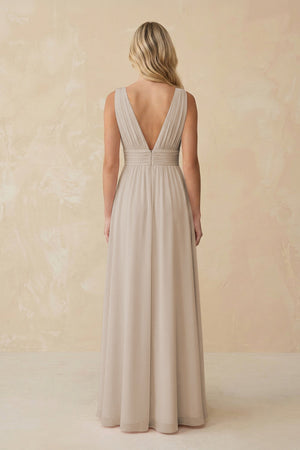 V - Neck A - Line Chiffon Ruched Bridesmaid Dress in Frost - KissProm Bridesmaid Dresses