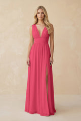 V - Neck A - Line Chiffon Ruched Bridesmaid Dress in Fuchsia - KissProm Bridesmaid Dresses