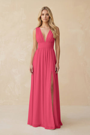 V - Neck A - Line Chiffon Ruched Bridesmaid Dress in Fuchsia - KissProm Bridesmaid Dresses
