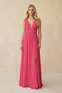 V - Neck A - Line Chiffon Ruched Bridesmaid Dress in Fuchsia - KissProm Bridesmaid Dresses