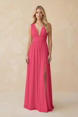 V - Neck A - Line Chiffon Ruched Bridesmaid Dress in Fuchsia - KissProm Bridesmaid Dresses