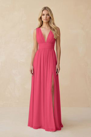 V - Neck A - Line Chiffon Ruched Bridesmaid Dress in Fuchsia - KissProm Bridesmaid Dresses