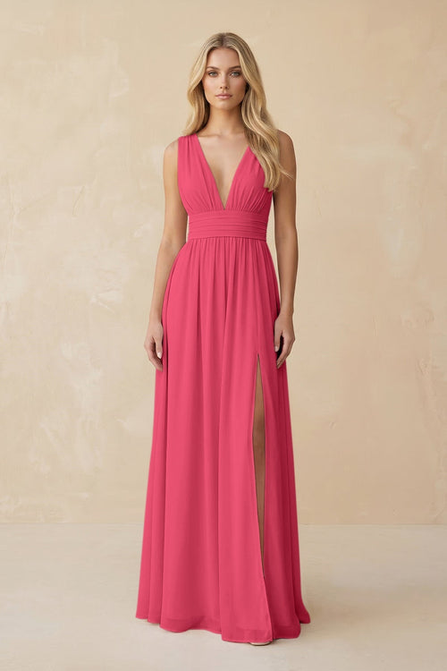 V - Neck A - Line Chiffon Ruched Bridesmaid Dress in Fuchsia - KissProm Bridesmaid Dresses
