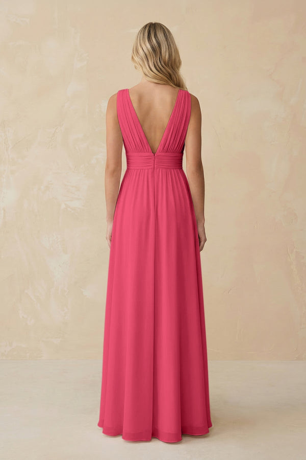 V - Neck A - Line Chiffon Ruched Bridesmaid Dress in Fuchsia - KissProm Bridesmaid Dresses