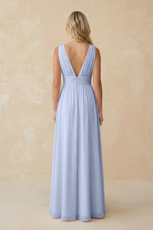 V - Neck A - Line Chiffon Ruched Bridesmaid Dress in Ice - KissProm Bridesmaid Dresses