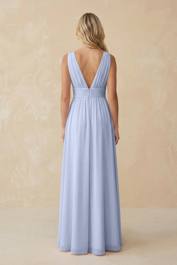 V - Neck A - Line Chiffon Ruched Bridesmaid Dress in Ice - KissProm Bridesmaid Dresses