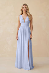 V - Neck A - Line Chiffon Ruched Bridesmaid Dress in Ice - KissProm Bridesmaid Dresses