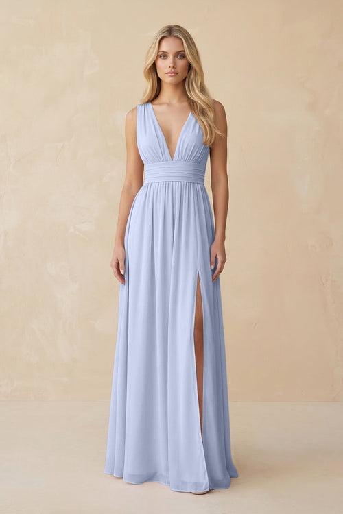 V - Neck A - Line Chiffon Ruched Bridesmaid Dress in Ice - KissProm Bridesmaid Dresses