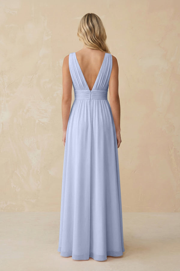 V - Neck A - Line Chiffon Ruched Bridesmaid Dress in Ice - KissProm Bridesmaid Dresses
