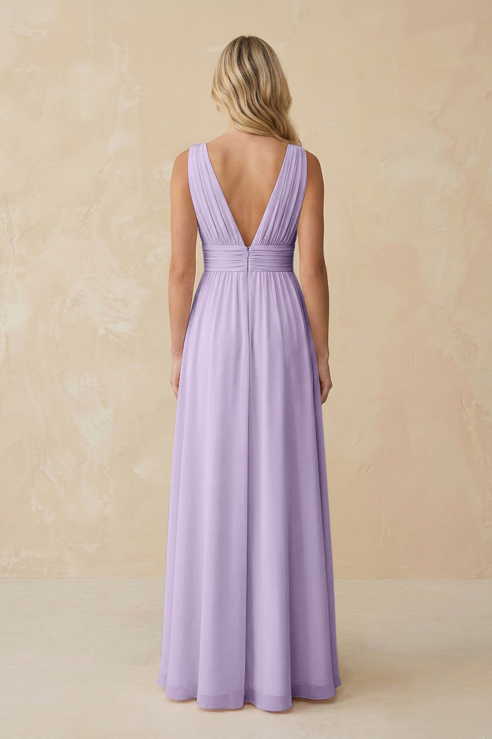 V - Neck A - Line Chiffon Ruched Bridesmaid Dress in Lavender - KissProm Bridesmaid Dresses