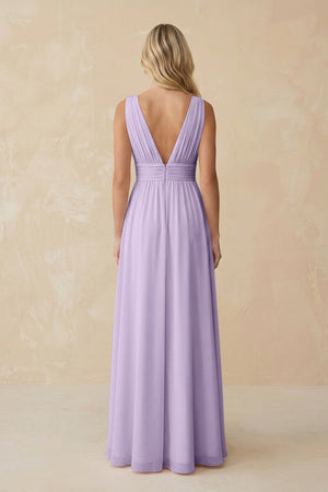 V - Neck A - Line Chiffon Ruched Bridesmaid Dress in Lavender - KissProm Bridesmaid Dresses