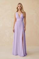 V - Neck A - Line Chiffon Ruched Bridesmaid Dress in Lavender - KissProm Bridesmaid Dresses