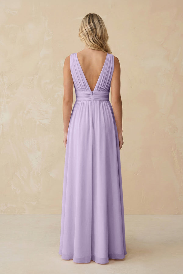 V - Neck A - Line Chiffon Ruched Bridesmaid Dress in Lavender - KissProm Bridesmaid Dresses
