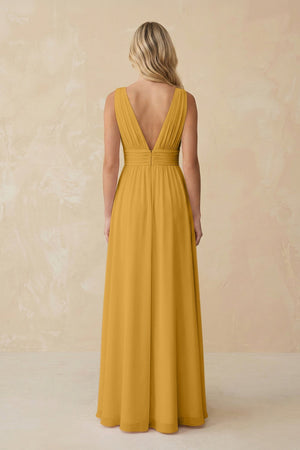 V - Neck A - Line Chiffon Ruched Bridesmaid Dress in Marigold - KissProm Bridesmaid Dresses
