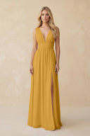 V - Neck A - Line Chiffon Ruched Bridesmaid Dress in Marigold - KissProm Bridesmaid Dresses