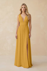 V - Neck A - Line Chiffon Ruched Bridesmaid Dress in Marigold - KissProm Bridesmaid Dresses