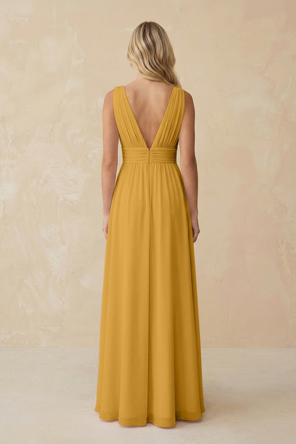 V - Neck A - Line Chiffon Ruched Bridesmaid Dress in Marigold - KissProm Bridesmaid Dresses