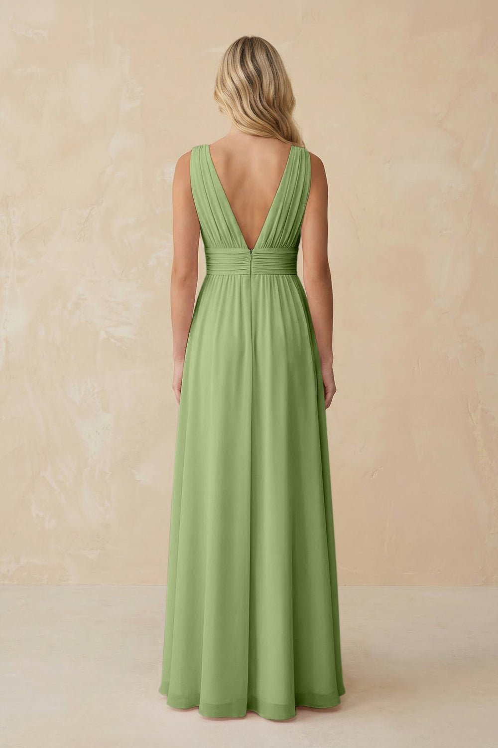 V - Neck A - Line Chiffon Ruched Bridesmaid Dress in Matcha - KissProm Bridesmaid Dresses