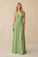 V - Neck A - Line Chiffon Ruched Bridesmaid Dress in Matcha - KissProm Bridesmaid Dresses