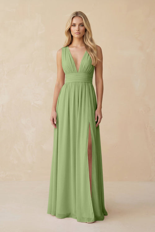 V - Neck A - Line Chiffon Ruched Bridesmaid Dress in Matcha - KissProm Bridesmaid Dresses