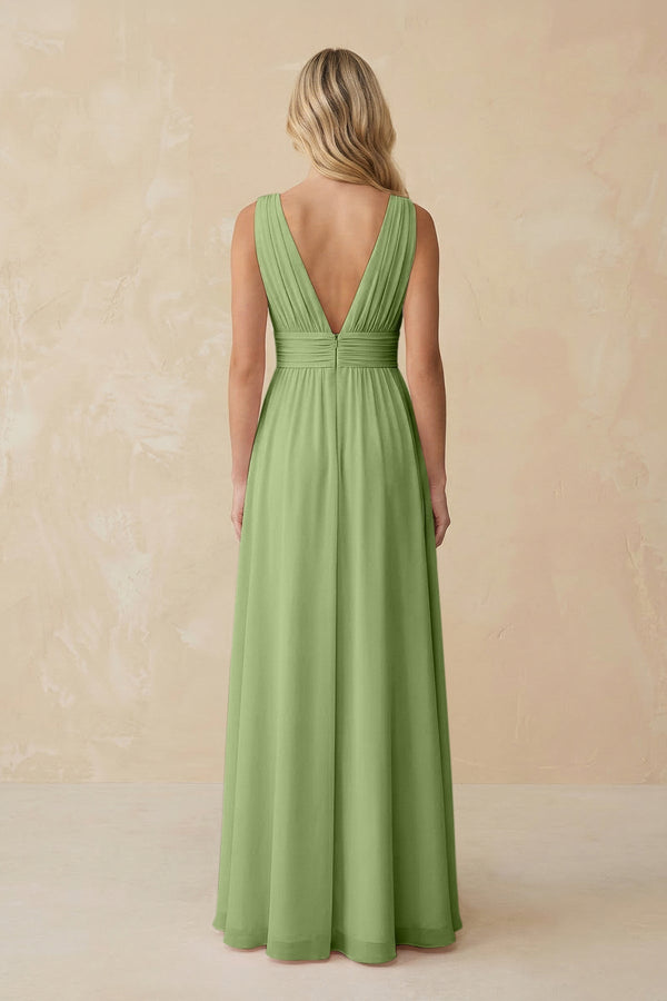 V - Neck A - Line Chiffon Ruched Bridesmaid Dress in Matcha - KissProm Bridesmaid Dresses