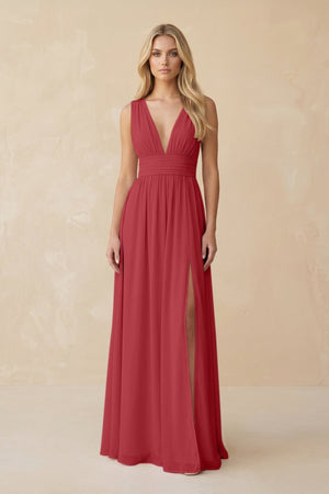 V - Neck A - Line Chiffon Ruched Bridesmaid Dress in Merlot - KissProm Bridesmaid Dresses