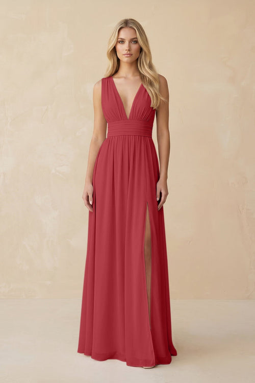 V - Neck A - Line Chiffon Ruched Bridesmaid Dress in Merlot - KissProm Bridesmaid Dresses