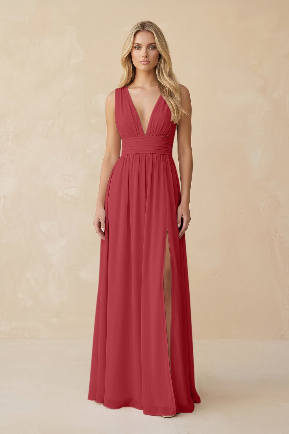 V - Neck A - Line Chiffon Ruched Bridesmaid Dress in Merlot - KissProm Bridesmaid Dresses