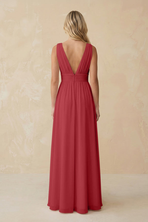 V - Neck A - Line Chiffon Ruched Bridesmaid Dress in Merlot - KissProm Bridesmaid Dresses