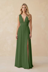 V - Neck A - Line Chiffon Ruched Bridesmaid Dress in Moss - KissProm Bridesmaid Dresses