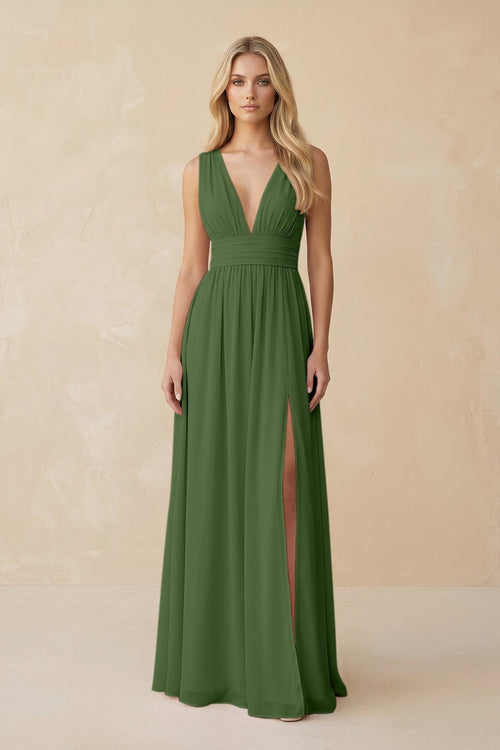 V - Neck A - Line Chiffon Ruched Bridesmaid Dress in Moss - KissProm Bridesmaid Dresses