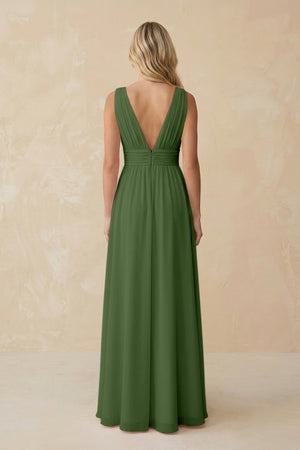 V - Neck A - Line Chiffon Ruched Bridesmaid Dress in Moss - KissProm Bridesmaid Dresses