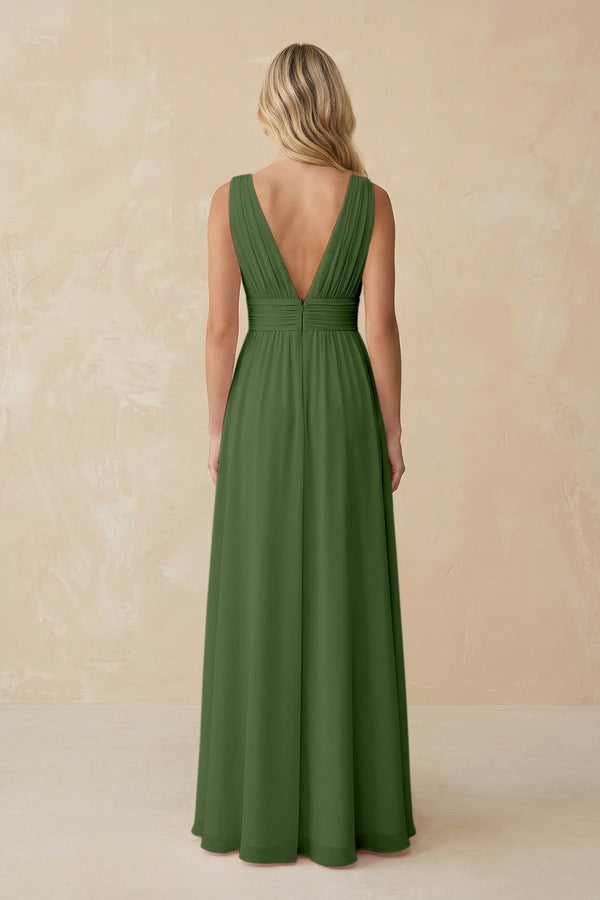 V - Neck A - Line Chiffon Ruched Bridesmaid Dress in Moss - KissProm Bridesmaid Dresses
