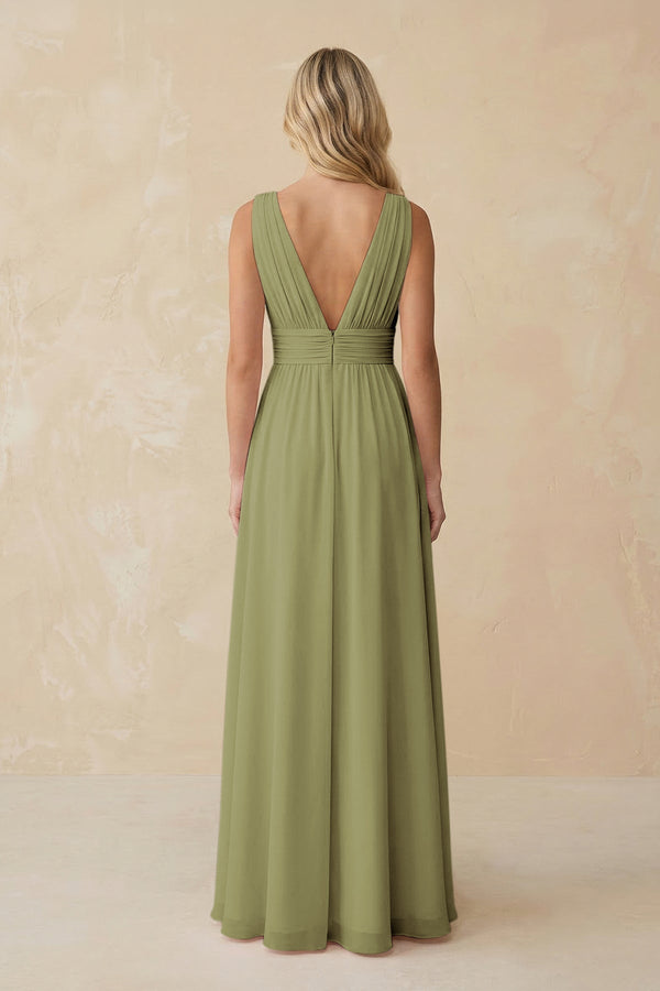 V - Neck A - Line Chiffon Ruched Bridesmaid Dress in Moss Green - KissProm Bridesmaid Dresses