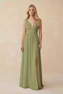 V - Neck A - Line Chiffon Ruched Bridesmaid Dress in Moss Green - KissProm Bridesmaid Dresses