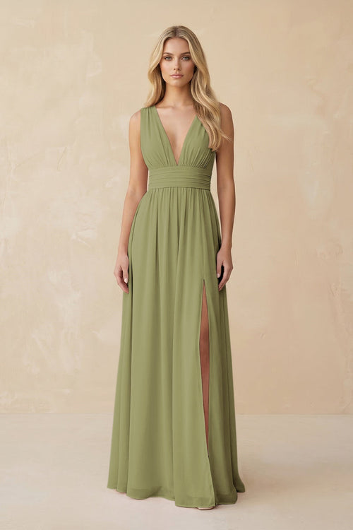 V - Neck A - Line Chiffon Ruched Bridesmaid Dress in Moss Green - KissProm Bridesmaid Dresses