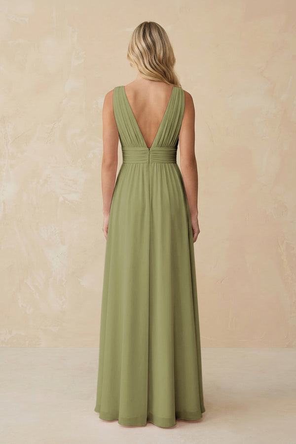 V - Neck A - Line Chiffon Ruched Bridesmaid Dress in Moss Green - KissProm Bridesmaid Dresses