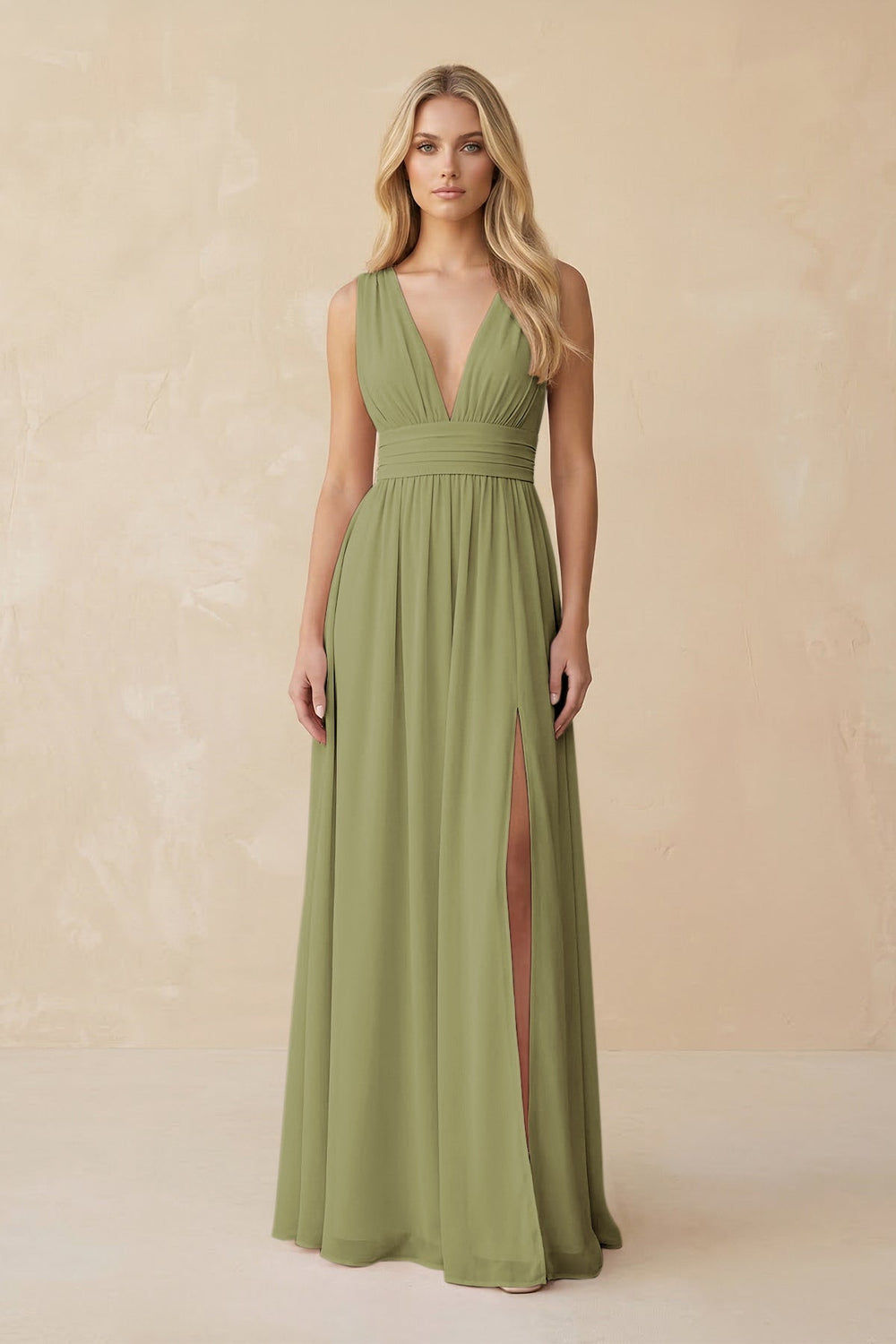 V - Neck A - Line Chiffon Ruched Bridesmaid Dress in Moss Green - KissProm Bridesmaid Dresses